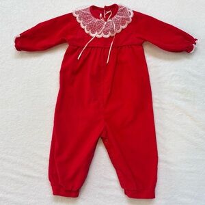 Vintage Alexis Red Corduroy Long Sleeve Romper White Lace Collar Baby 9 Months